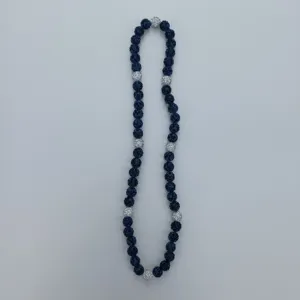 Detailed view of the 8-10mm blue and silver rhinestone disco ball beaded necklace.