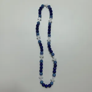 Blue rhinestone shamballa beaded necklace with white cross spacers for hip hop fashion style.