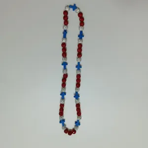 Red and silver rhinestone bead necklace with blue cross charms for daily wear detail view
