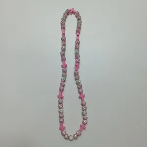 Pink white shamballa rhinestone bead necklace detail, crystal clay disco ball jewelry accessory.