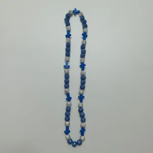 Blue and silver rhinestone cross beaded necklace fashion hip hop jewelry chain stylish gift