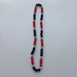 Red black silver crystal disco ball bead necklace detail view, fashion beaded jewelry accessory