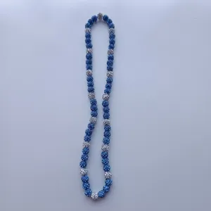 Blue and silver Shamballa rhinestone clay bead necklace detail view showing sparkling beads.