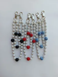 Detail showing 12mm rhinestone clay bead chains with silver lobster clasps