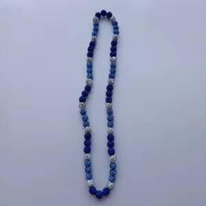 Blue and silver crystal rhinestone shamballa bead necklace detailed display showcasing sparkle.
