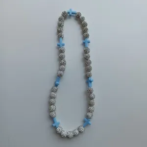 Sparkling Shamballa rhinestone bead necklace with light blue cross charms for daily fashion wear.