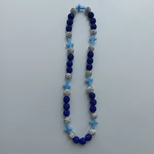 Beaded Shamballa necklace with crystal round balls and blue cross charms for stylish wear.