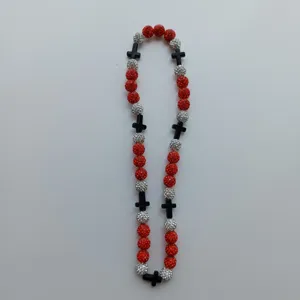 Red black rhinestone cross bead necklace shamballa style elastic beaded jewelry accessory item