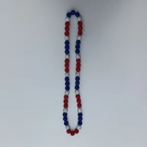 Red white and blue rhinestone Shamballa bead elastic necklace hip hop style fashion jewelry detail.