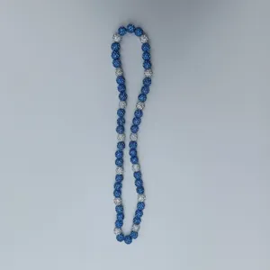 Blue and white shamballa rhinestone clay ball beaded necklace detail view accessory.