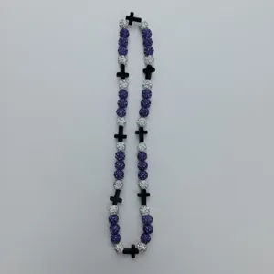 Purple and silver rhinestone shamballa beads necklace with black cross beads for fashion.