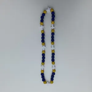 Blue and gold rhinestone shamballa beads necklace with white cross charms for fashion wear