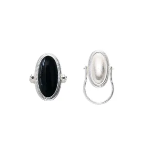 Minimalist dual-sided flip ring with black agate and silver rope textured border