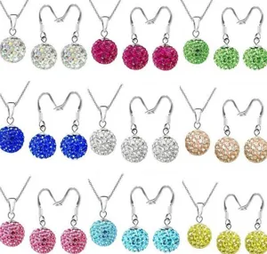 10mm crystal Shamballa ball necklace and ear hook jewelry set in various vibrant colors.