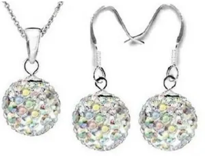 Detail shot of the 10mm AB crystal pave ball pendant necklace and matching dangle earrings set.