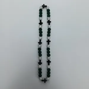 Shamballa necklace with green white rhinestone balls and black cross beads for hip hop style.