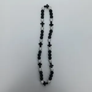 Black white Shambala beaded necklace with crystal rhinestone balls and cross pendants fashion.
