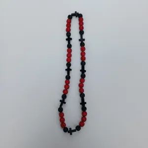Red black shamballa rhinestone bead necklace with black crosses hip hop jewelry detail view