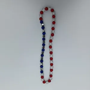 Red white and blue rhinestone clay bead necklace detail with silver star spacers for sale