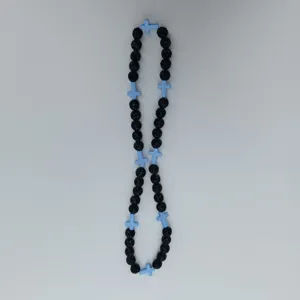 Black beaded necklace with light blue cross charms stylish fashion jewelry accessory for daily wear