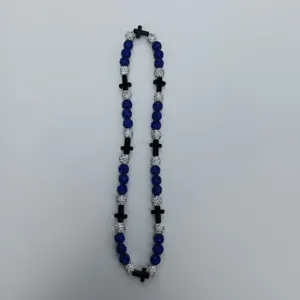 Detailed close-up of the hip-hop Shamballa crystal bead necklace with black crosses.