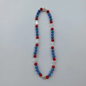 Red and blue rhinestone shamballa bead cross stretch necklace for stylish daily party wear