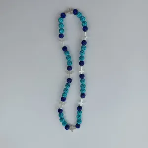 Blue rhinestone shamballa ball and silver cross fashion beaded necklace for women daily wear.