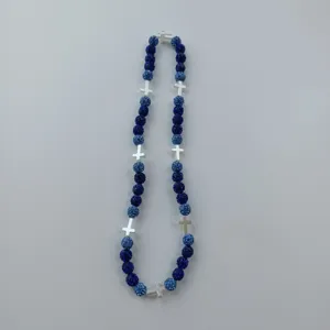 Blue crystal shamballa beads necklace with silver cross spacers hiphop jewelry detail view