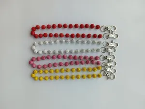 Detailed view of colorful rhinestone shamballa bead keychain wrist strap with lobster clasp