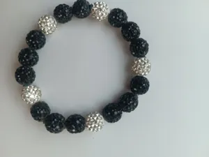 10mm AB crystal clay ball Shamballa bracelet, elastic black and rhinestone bead design.