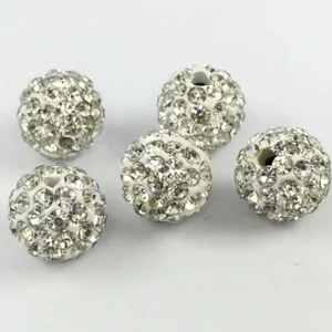 White rhinestone clay shamballa beads for DIY jewelry making, sparkling crystal spacer beads.