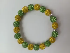 Green yellow rhinestone Shamballa bracelet detail view, crystal beaded elastic jewelry