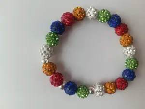 Colorful 10mm rhinestone clay ball stretch Shamballa bracelet detail view, fashion jewelry.