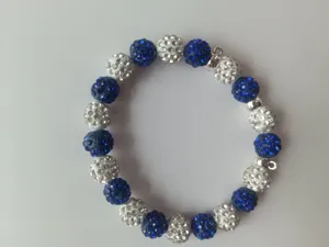 Detail view of the blue and white rhinestone shamballa crystal beaded bracelet close-up.