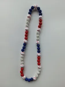 Handmade red white and blue baseball Shamballa necklace with sparkly rhinestone beads for fans