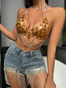 Sexy rhinestone halter body chain top and crystal fringe denim shorts for beach club party.
