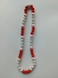 Red and white baseball shamballa necklace featuring sparkling rhinestone beads for sports fans.