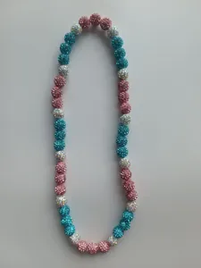 Elegant 12mm pink and teal rhinestone clay bead disco ball necklace for women
