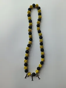 12mm black and gold rhinestone disco ball bead necklace with PIT silver letter charms