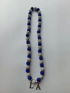 Blue and silver 12mm Shamballa crystal bead necklace with silver LA letter charms