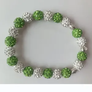 Green and white crystal clay rhinestone Shamballa elastic bracelet for daily fashion wear.