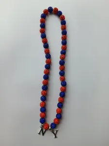 12mm orange and blue rhinestone clay ball bead necklace with silver NY letter pendant