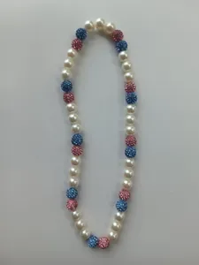 12mm pearl and colorful rhinestone bead Shamballa necklace in pink and blue