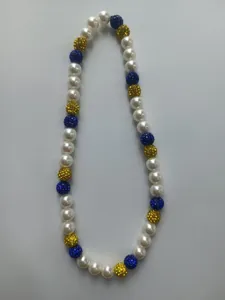 Handmade Shamballa beaded necklace with 12mm white pearls and blue yellow rhinestone balls