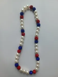 Handmade red white and blue rhinestone clay bead and faux pearl elastic necklace for sports