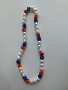 12mm Shambhala necklace with white pearls, blue and orange rhinestone clay beads