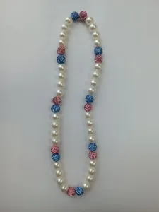 Handmade 12mm clay rhinestone ball Shambhala necklace featuring pink and blue bead accents