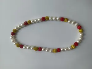 Handmade 12mm red and gold sparkling disco ball bead necklace with white pearls