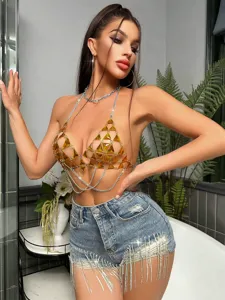 Sexy rhinestone gem body chain halter vest and crystal fringe denim shorts for summer party.