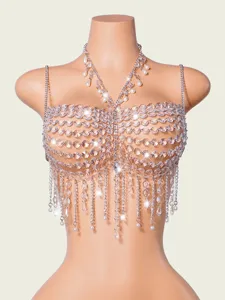 Meravigliosa catena per il corpo in cristallo con perle e frange per feste eleganti.